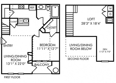 Floor plan for 1 bed, 1 bath, 1142 sqft